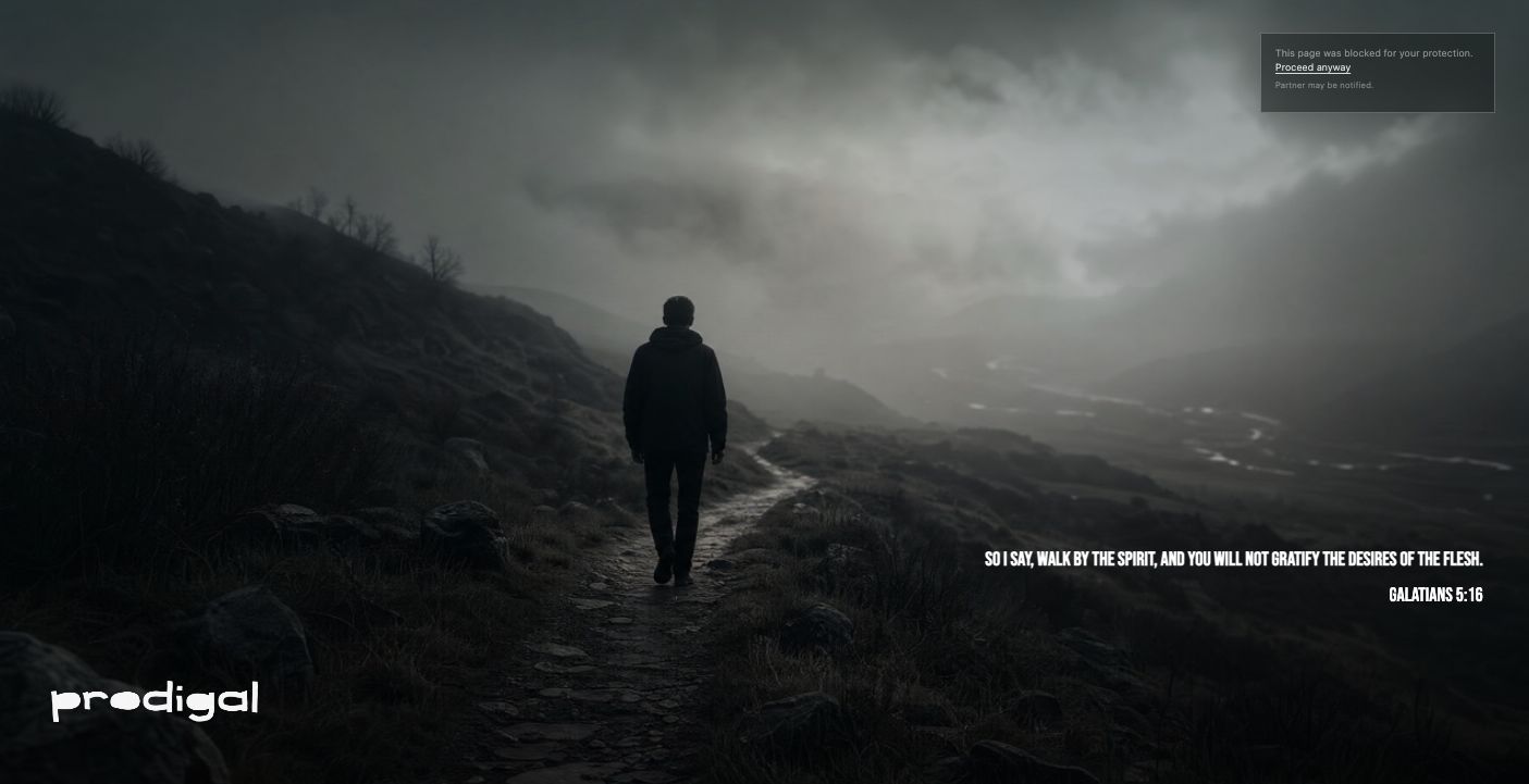 The ThouShaltNot blocked page: a man walking a mountain path at dusk, with Galatians 5:16 and a notice that the page was blocked for your protection
